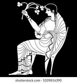 Isolated Vector Illustration. Black And White Linear Silhouette Of Ancient Greek Goddess Demeter Or Persephone Seated On A Throne And Holding A Plant Branch. Based On Vase Painting Motif.