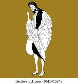 Isolated vector illustration. Black and white silhouette of Christian Orthodox male saint on gold background. St. John the Baptist. Based on Russian medieval art.