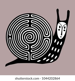Isolated vector illustration. Black and white silhouette of a fantastic stylized snail with maze as a shell on pink background. 