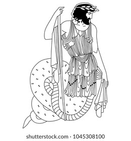 Isolated vector illustration. Black and white linear silhouette of ancient Greek mythological character. King Cecrops (Kekrops). Half man half snake. Based on authentic old image.