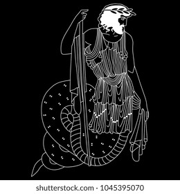 Isolated vector illustration. Black and white linear silhouette of ancient Greek mythological character. King Cecrops (Kekrops). Half man half snake. Based on authentic old image.