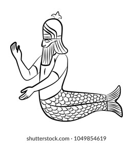 Isolated vector illustration. Black and white linear silhouette of ancient Mesopotamian sea god. Half fish half man. Dagon or Oannes.