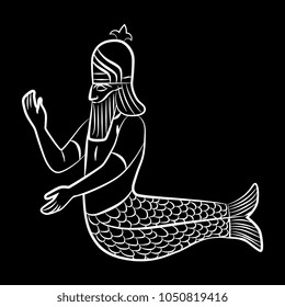 Isolated vector illustration. Black and white linear silhouette of ancient Mesopotamian sea fish god Dagon or Oannes. Fantastic mythological creature.