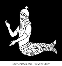 Isolated vector illustration. Black and white linear silhouette of ancient Mesopotamian sea fish god Dagon or Oannes. Fantastic mythological creature.