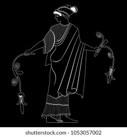 Isolated vector illustration. Black and white linear silhouette of ancient Greek woman holding two flowers.