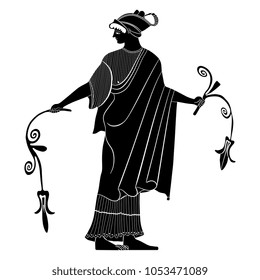 Isolated vector illustration. Black and white linear silhouette of ancient Greek woman holding two flowers.