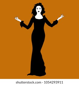 Isolated vector illustration. Black and white silhouette of a beautiful goth girl on orange background. Halloween style.