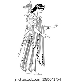 Isolated vector illustration. Black and white linear silhouette of ancient Greek goddess Artemis. Based on antique vase painting motif.