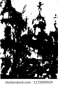 Isolated vector illustration. Black and white pained ink silhouette of an old Russian temple in trees.