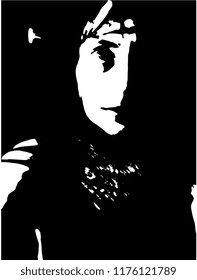 Isolated vector illustration. Black and white closeup portrait of a young woman in dark. High contrast graphic portrait.