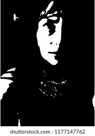 Isolated vector illustration. Black and white closeup portrait of a young woman in dark. High contrast graphic portrait.