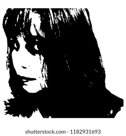 Isolated vector illustration. Black and white silhouetted close up portrait of a beautiful Caucasian young woman with loose dark hair.