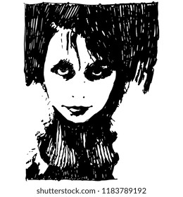 Isolated vector illustration. Black and white graphic portrait of a young Caucasian woman. High contrast closeup of a female face. Hand drawn linear sketch. 