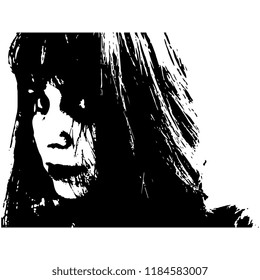 Isolated vector illustration. Black and white closeup portrait of a beautiful Caucasian girl with long loose dark hair.