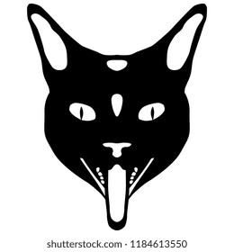 Isolated vector illustration. Black and white stylized head of a domestic cat with protruded tongue.