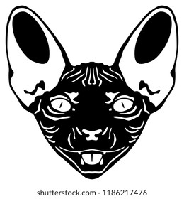 Isolated vector illustration. Black and white silhouetted logo. Stylized face of a domestic sphynx cat. 