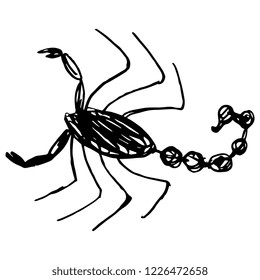 Isolated vector illustration. Black and white silhouette of a scorpion. Hand drawn sketch.