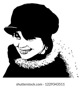 
Isolated vector illustration. Black and white closeup portrait of a beautiful smiling Caucasian young woman in winter hat and scarf.