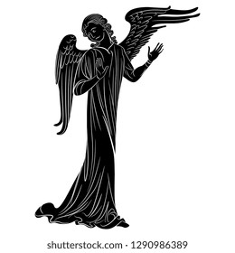 Isolated vector illustration. Black and white silhouette of a medieval Gothic angel.