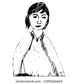 Isolated vector illustration. Black and white female portrait. Children's drawing of mom.