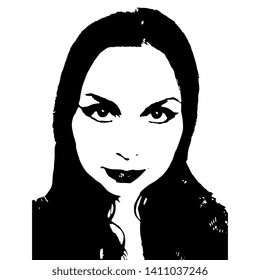 Isolated vector illustration. Black and white silhouetted portrait of a beautiful Caucasian brunette girl with long loose hair.