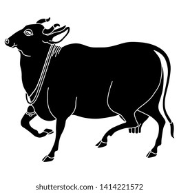 Isolated vector illustration. Black and white silhouette of sacred cow. Indian Hindu motif.