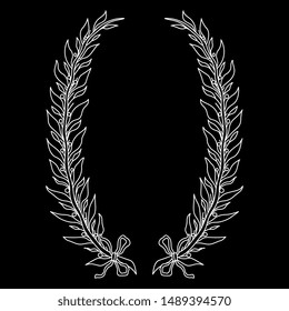 Isolated vector illustration. Black and white floral decor. Laurel wreath. Bay branches. Oval frame. Hand drawn linear silhouette.