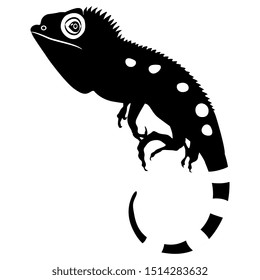 Isolated vector illustration. Black and white silhouette of iguana or chameleon lizard. 