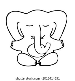 Isolated vector illustration black and white design of a cute lined meditating elephant. The design is perfect for cards, coloring, textiles, illustrations, badges, stickers