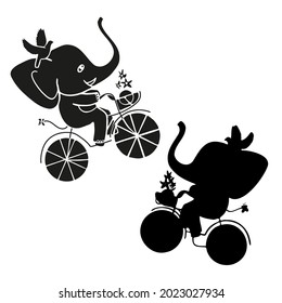 Isolated vector illustration black and white design of a cute cycling elephant on bicycle with pigeon. The design is perfect for cards, coloring, textiles, illustrations, badges, stickers