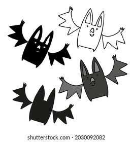 Isolated vector illustration black and white design of Halloween silhouettes of bats. The design is perfect for stickers, illustrations, badges, cards, icons, decorations, advertisements