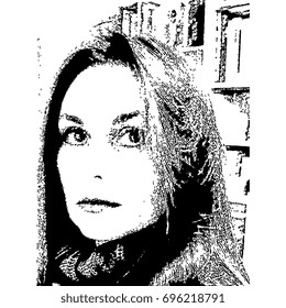 Isolated vector illustration. Black and white closeup graphic portrait of a beautiful sad Caucasian young woman. 