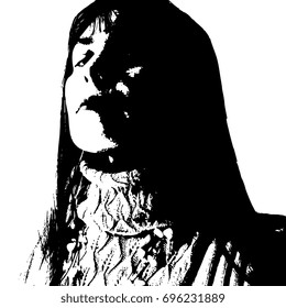 Isolated vector illustration. Black and white graphic portrait of a young Caucasian lady with long dark hair. 