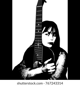 Isolated vector illustration. Black and white graphic portrait of a beautiful young girl sitting with the guitar.