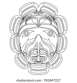Isolated vector illustration. Black and white linear drawing of a folk totem hawk mask of Canadian Kwakiutl Indians.