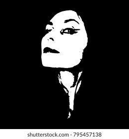 Isolated vector illustration. Black and white high contrast portrait of a beautiful Caucasian young woman. 