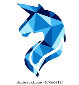 Isolated Vector Illustration Blue Polygon Geometric of Unicorn. Flat, Icon, Sign, Logo, Symbol, Object, Graphic Design, Element, Background, Print.