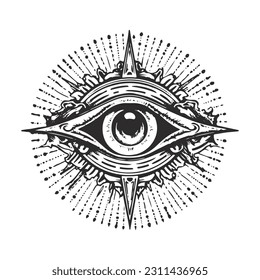 Isolación vectorial ilustración azul tatuaje vintage flash. Ojo de providencia. Símbolo masónico. Nuevo orden mundial de los ojos humanos estilo grabado. Teoría de la conspiración.