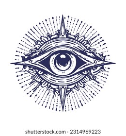  Isolación vectorial ilustración azul tatuaje vintage flash. Ojo de providencia. Símbolo masónico. Nuevo orden mundial de los ojos humanos estilo grabado. Teoría de la conspiración.