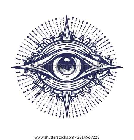  Isolated vector illustration blue vintage tattoo flash. Eye of Providence. Masonic symbol. New World Order human eye engraved style. Conspiracy theory.