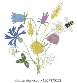 Isolated vector illustration. Bouquet of wild field or meadow flowers. Naive childish style.