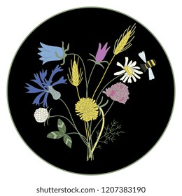 Isolated vector illustration. Bouquet of wild field or meadow flowers and a bee in a circle. Naive childish style. On black background.