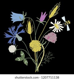 Isolated vector illustration. Bouquet of wild field or meadow flowers and a bee. Naive childish style. On black background.