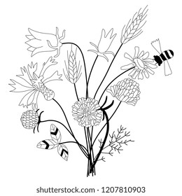 Isolated vector illustration. Bouquet of wild field or meadow flowers. Naive childish style. Black and white linear silhouette. Based on children's drawing.