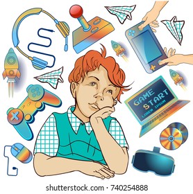 Isolated vector illustration of a boy dreams about video games and devices. Cartoon set consist of joystick, mouse,  notebook, earphones, and other tools on wight background. Icons collection
