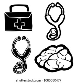 Isolated Vector Illustration of Brain, Medical Bag, Stethoscope. Outline, Silhouette, Flat, Icon, Sign, Logo, Symbol, Object, Graphic Design, Background, Element, Illustration for Print.