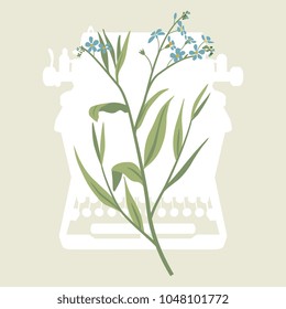 Isolated vector illustration. A branch of forget-me-not flowers on top of silhouetted vintage typewriter. 