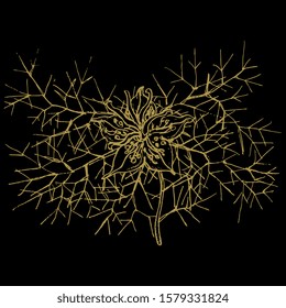 Isolated vector illustration. Branch of Nigella Sativa flower. Black Caraway or Black Seed plant. Hand drawn linear sketch. Golden silhouette on black background.