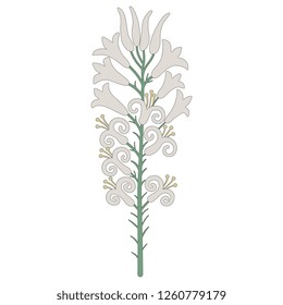 Isolated vector illustration. Branch of stylized white lily blossom. Based on ancient Cretan Minoan motif.