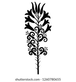 Isolated vector illustration. Branch of stylized lily blossom. Based on ancient Cretan Minoan motif. Black silhouette on white background.